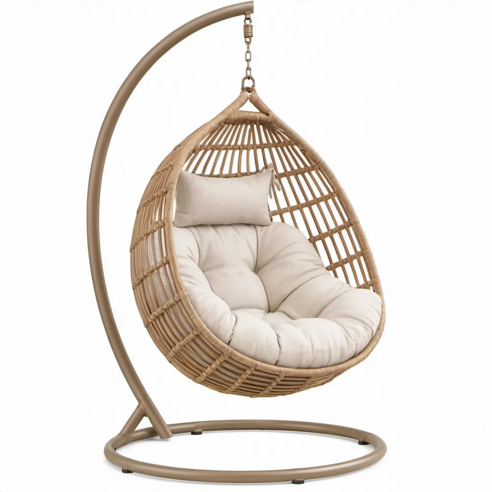 Eivormige hangstoel met standaard 105 x 105 x 195 cm Taupe/Crème, staal en PE-rotan