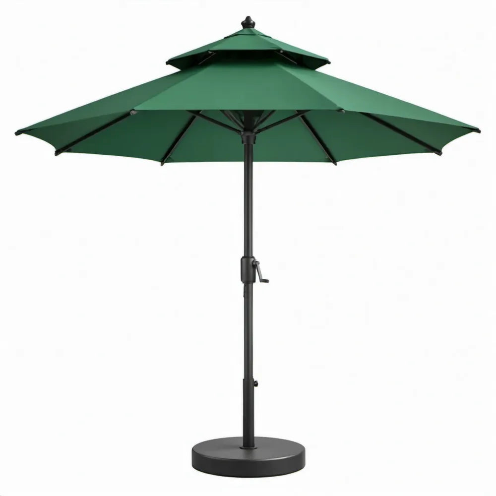 Groene achthoekige tuinparasol met dubbel dak en ronde voet, Ø 300 cm, hoogte 250 cm