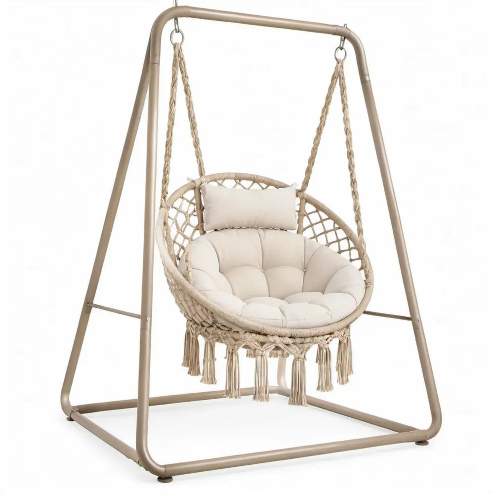 Beige ronde hangstoel met standaard, 120 x 100 x 195 cm