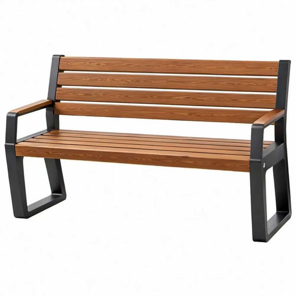2-zits tuinbank met armleuningen, houten latten en zwart stalen frame – 120 x 60 x 80 cm – Bruin/Zwart