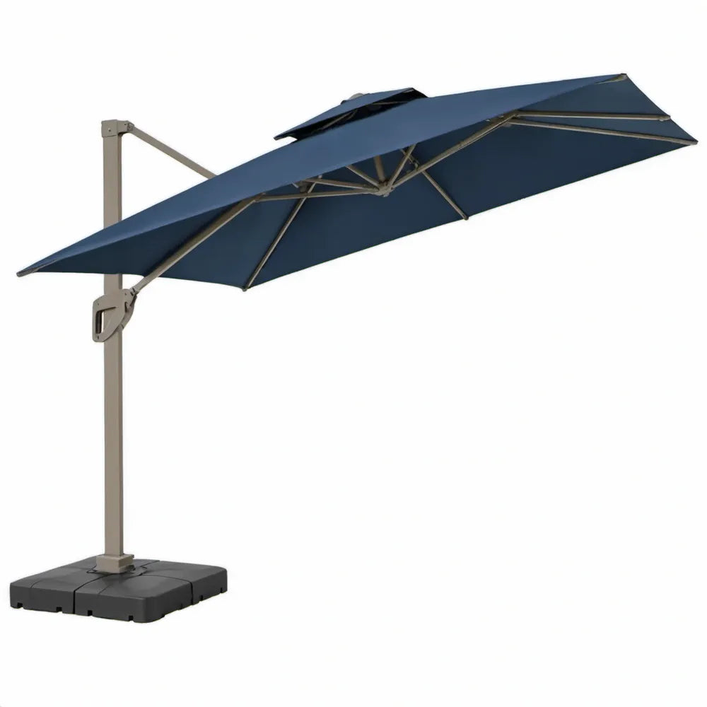 Rechthoekige zweefparasol 300 x 400 cm donkerblauw met taupekleurig aluminium frame en zwarte voetplaten