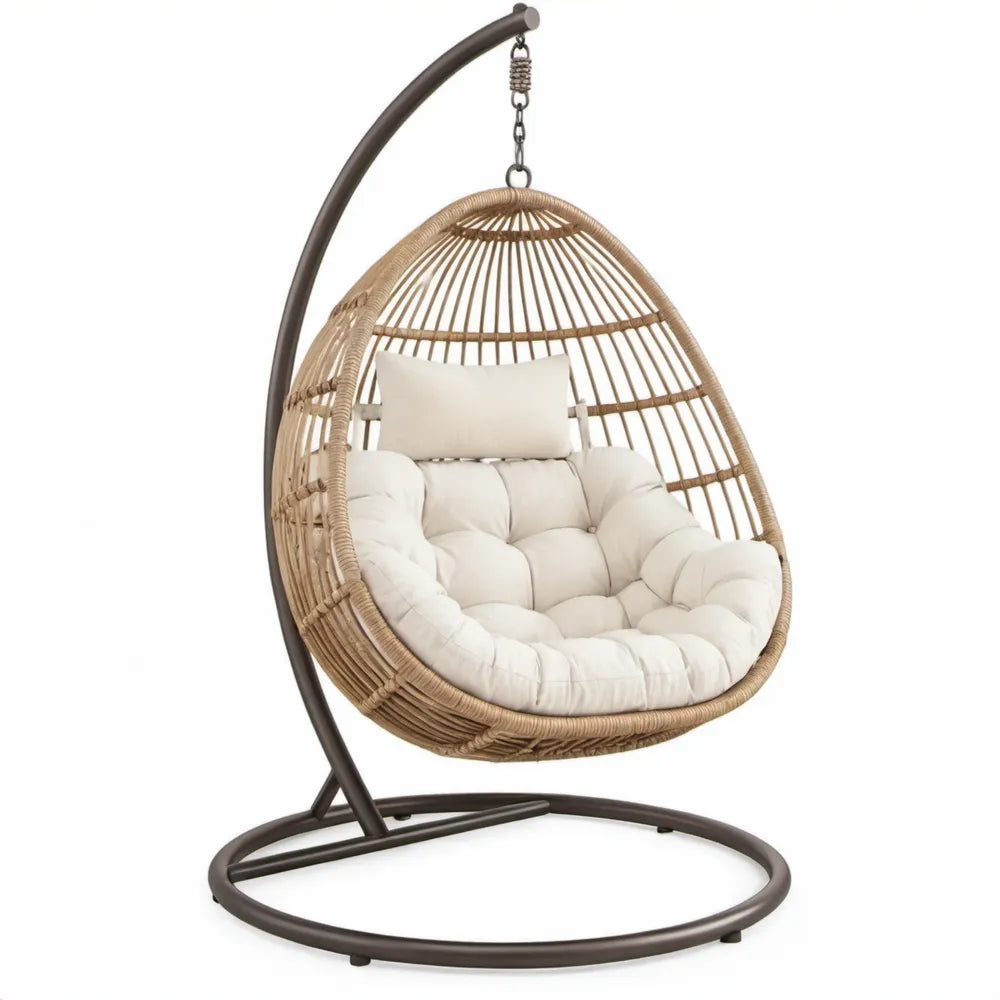 Hangstoel met standaard 95 x 95 x 195 cm naturelbruin PE-rattan met crèmekleurige polyester kussens