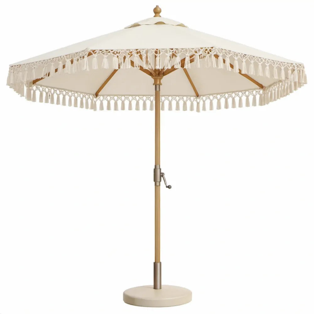 Achthoekige tuinparasol 250 cm met voet, crème en naturel bruin, polyester en beukenhout