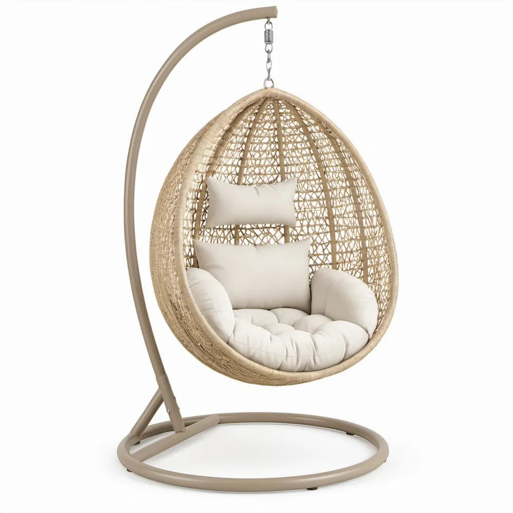 Beige hangstoel met standaard, PE-rotan en stalen frame, 100 x 100 x 195 cm