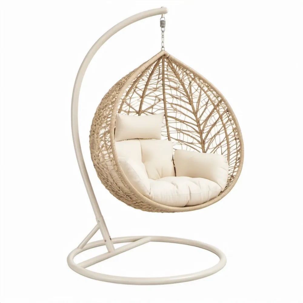 Beige druppelvormige hangstoel met standaard van PE-rattan en staal, 100 x 100 x 195 cm