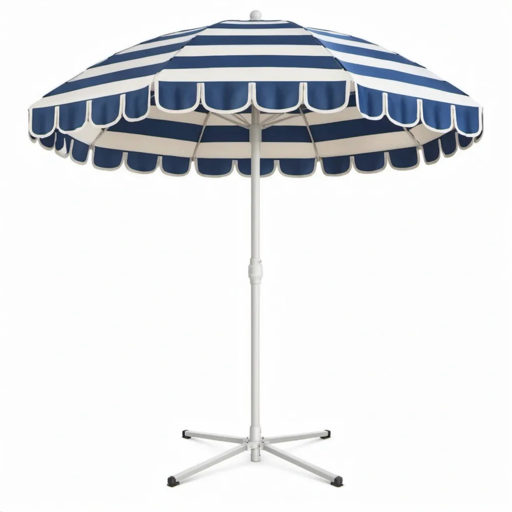 Ronde parasol met voet Ø200 x 220 cm blauw/wit polyester staal