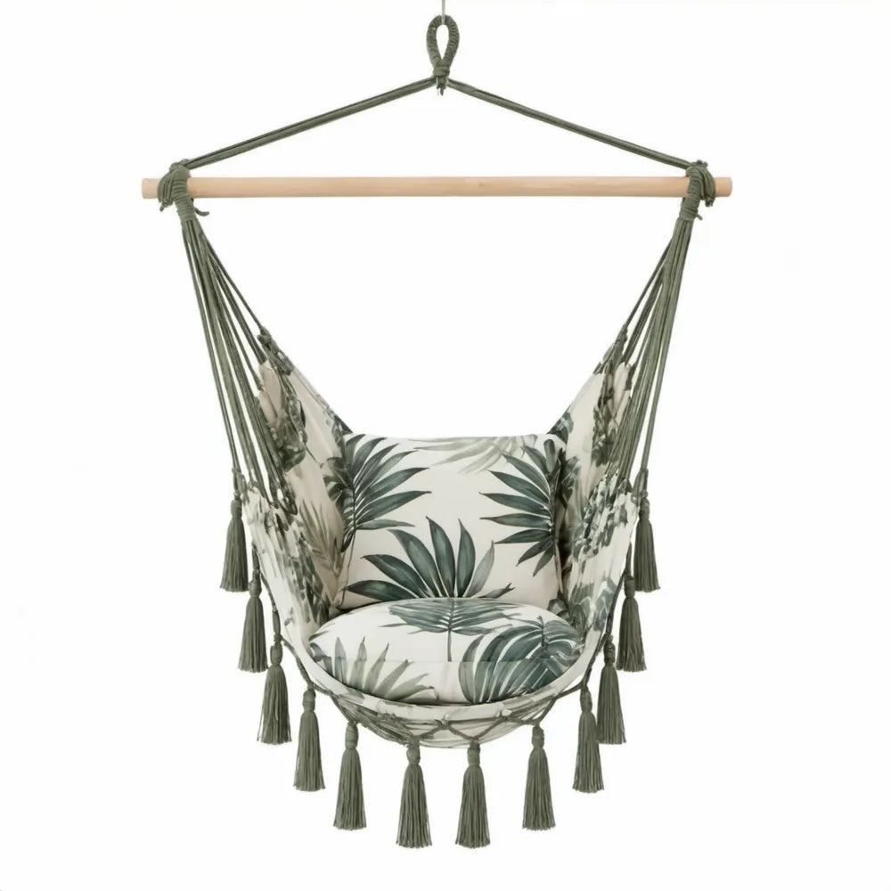Hangstoel met spreidstok en kussen 100 x 60 cm crème, donkergroen en grijsgroen