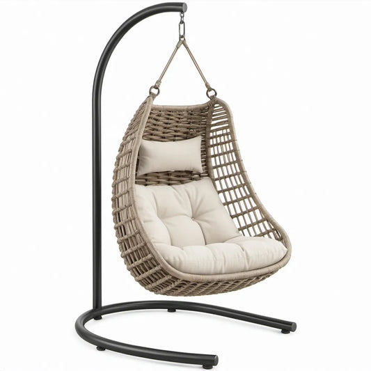 Hangstoel met standaard 195 x 105 x 105 cm Taupe/Crème/Zwart PE-vlechtwerk en staal