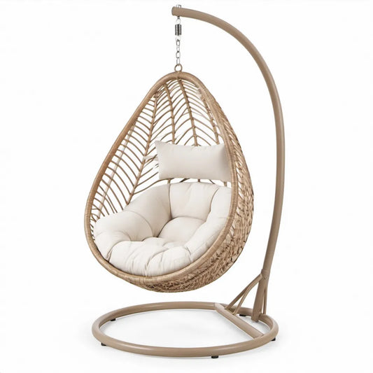 Eivormige hangstoel met standaard 195 x 105 x 105 cm in beige PE-vlechtwerk met crèmekleurige kussens