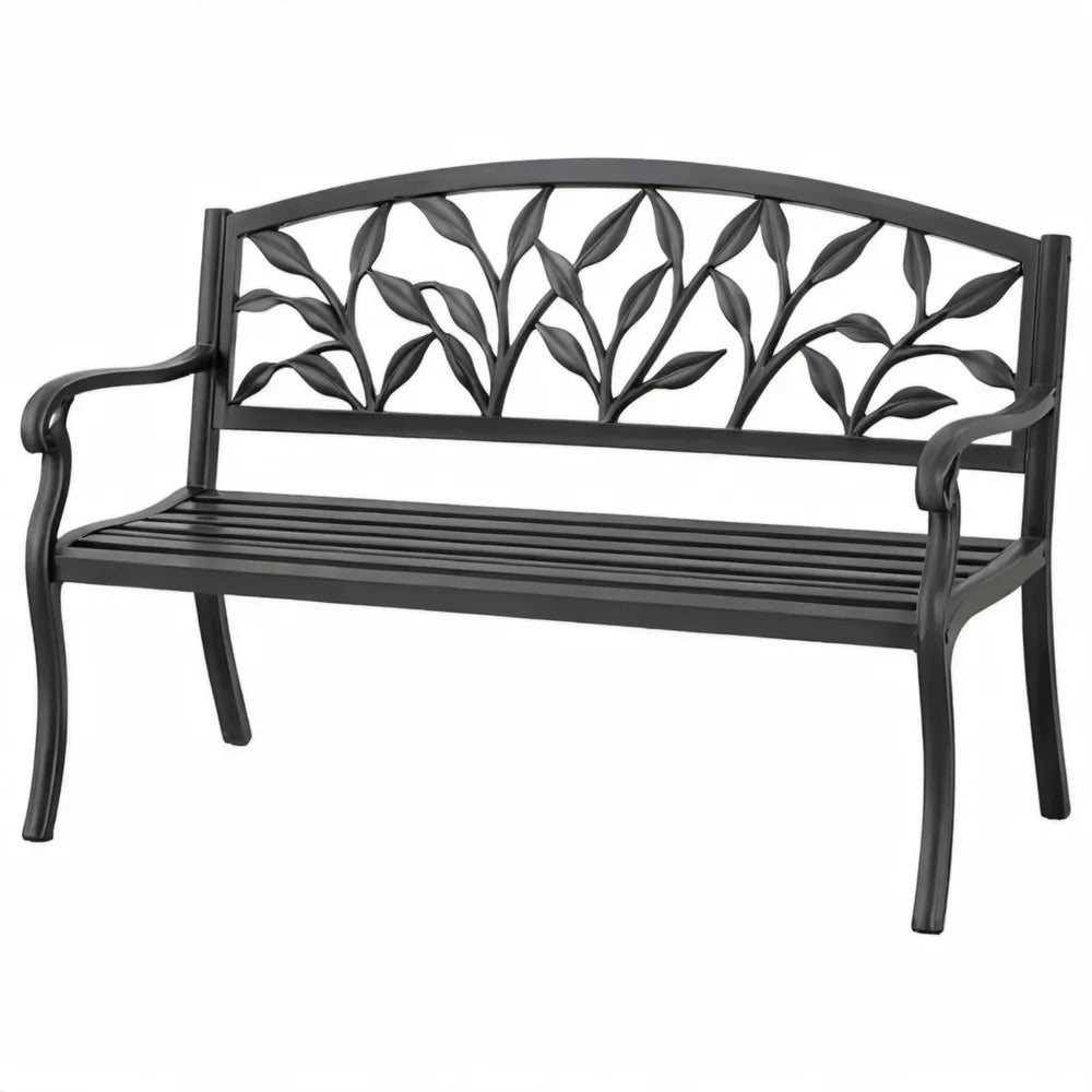 2-zits tuinbank van zwart gegoten aluminium met bladmotief, 122 x 62 x 81 cm