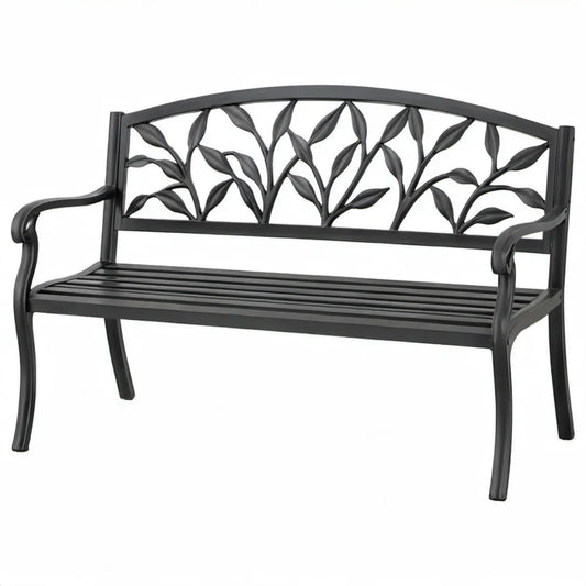 2-zits tuinbank van zwart gegoten aluminium met bladmotief, 122 x 62 x 81 cm