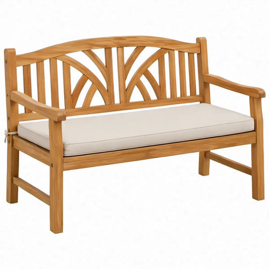 2-zits tuinbank met armleuningen van acaciahout naturelbruin en crèmekleurig kussen, 120 x 65 x 90 cm