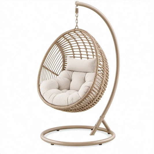 Beige/Crème ovale hangstoel met standaard, 195 x 105 x 105 cm, PE-rattan, staal en polyester