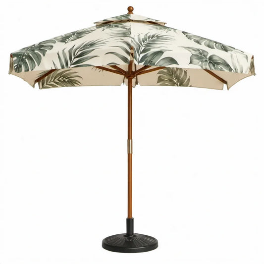 Ronde houten tuinparasol Ø200 x 230 cm met crèmekleurig bladmotief en voet