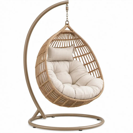 Eivormige hangstoel met standaard 105 x 105 x 195 cm Taupe/Crème, staal en PE-rotan