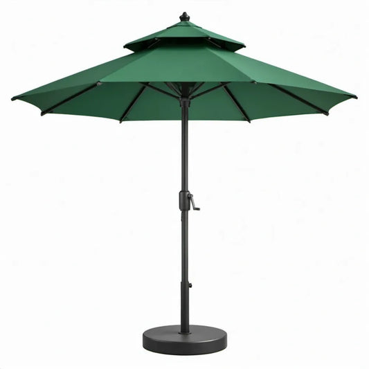 Groene achthoekige tuinparasol met dubbel dak en ronde voet, Ø 300 cm, hoogte 250 cm