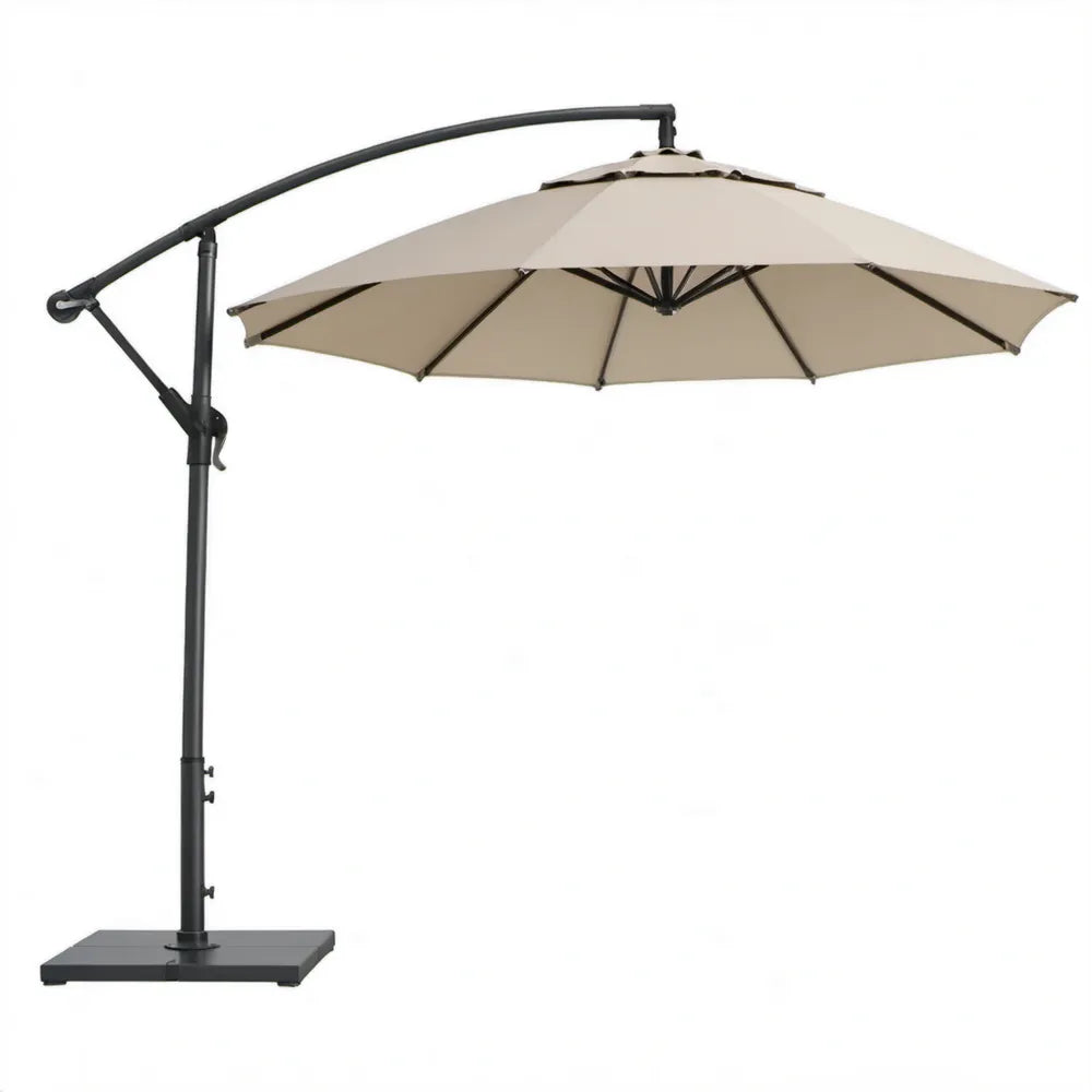 Beige vrijhangende ronde parasol Ø 300 cm met zwart stalen frame