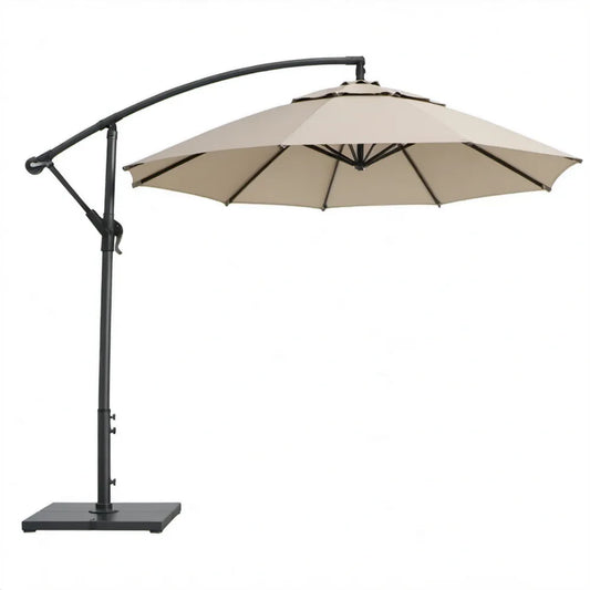 Beige vrijhangende ronde parasol Ø 300 cm met zwart stalen frame