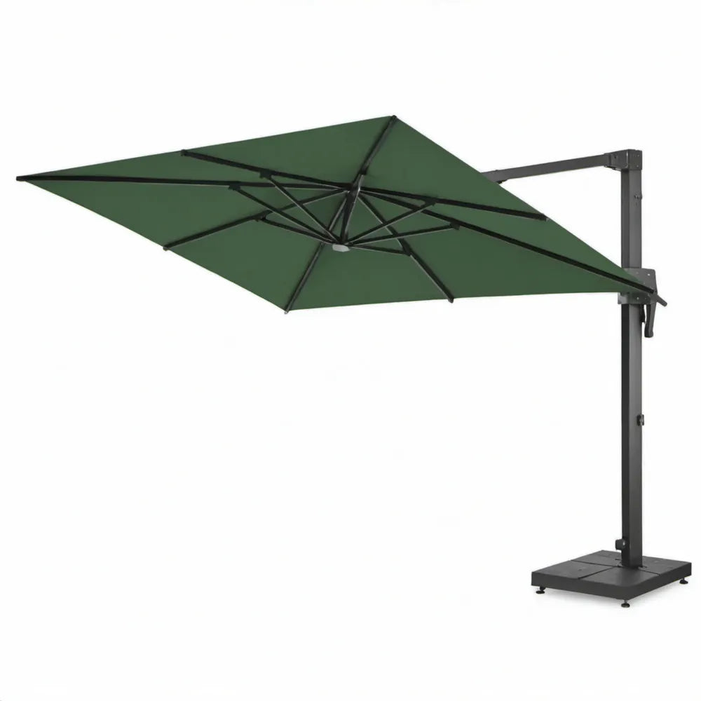 Vierkante zweefparasol 300 x 300 cm met voet, donkergroen staal en polyester