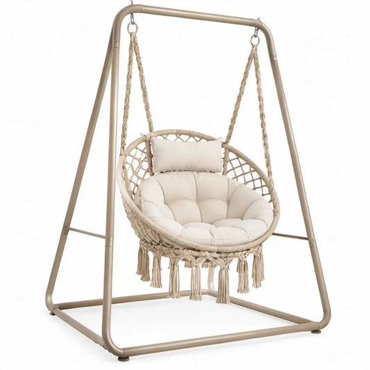 Beige ronde hangstoel met standaard, 120 x 100 x 195 cm