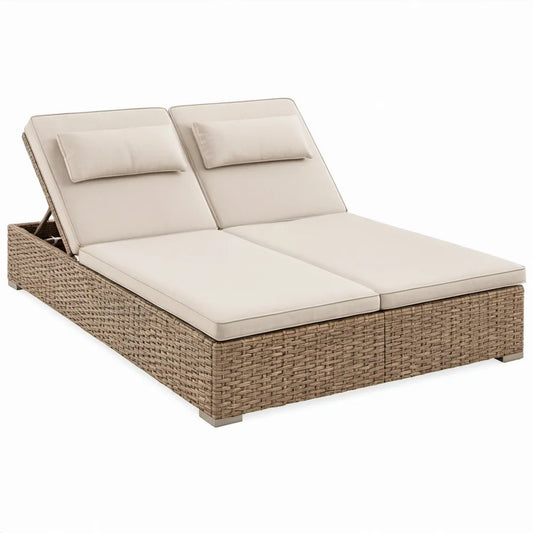 Tweepersoons ligbed met afzonderlijk verstelbare rugleuningen, 200 x 140 x 80 cm, beige en naturelbruin