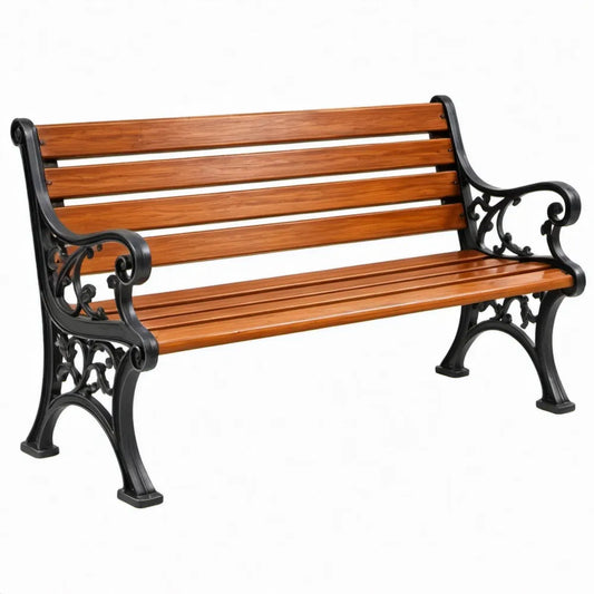 3-zits tuinbank van massief hardhout en gietijzer, 150 x 60 x 82 cm, Bruin/Zwart