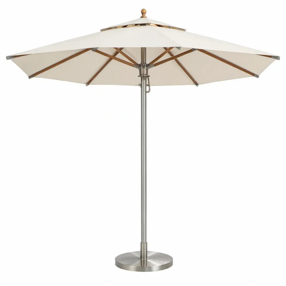 Crèmekleurige achthoekige tuinparasol met voet Ø300 cm, hardhout en roestvrij staal