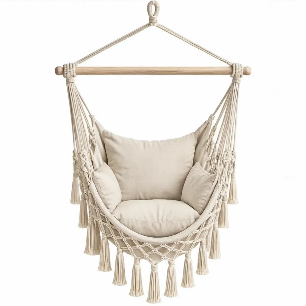 Ecru hangstoel van katoen en beukenhout met kussens, 80 x 60 x 120 cm
