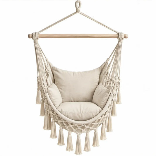 Ecru hangstoel van katoen en beukenhout met kussens, 80 x 60 x 120 cm