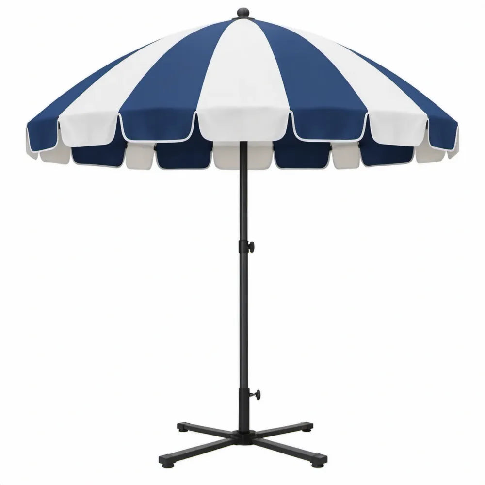Blauw-witte ronde parasol met stalen kruisvoet Ø200 x 230 cm