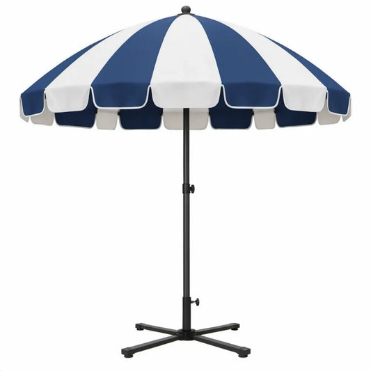 Blauw-witte ronde parasol met stalen kruisvoet Ø200 x 230 cm