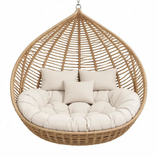 Hangstoel van natuurlijk rotan met crèmekleurige polyester kussens voor 2 personen, Ø 120 x H 180 cm