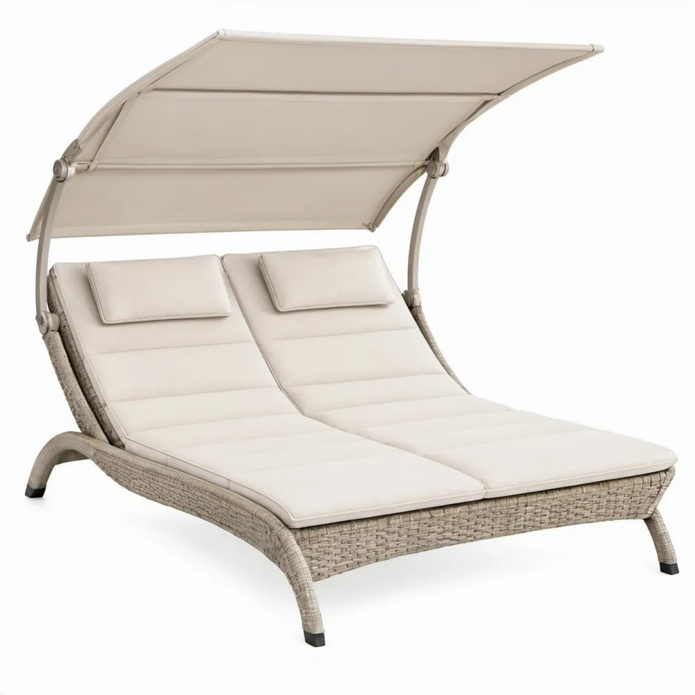 Beige tweepersoonsligbed met verstelbare rugleuningen en zonnescherm, 200 x 140 x 170 cm