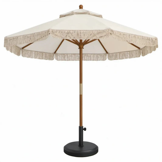 Ronde tuinparasol Ø 270 cm en hoogte 250 cm met franjes, crème