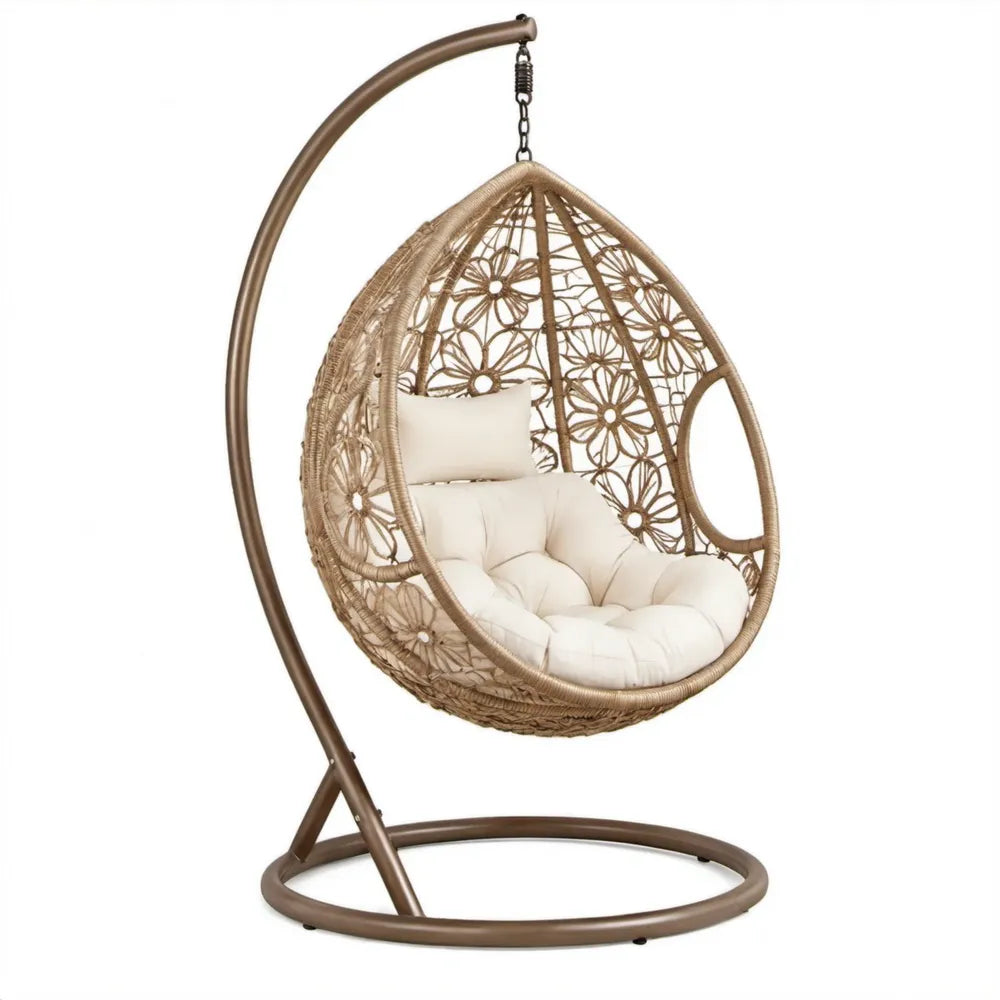 Ei-vormige hangstoel met standaard 95 x 95 x 195 cm, bruin PE-vlechtwerk met crèmekleurige kussens