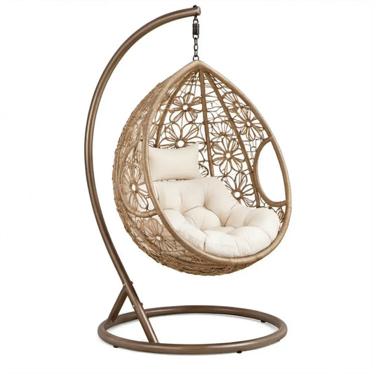 Ei-vormige hangstoel met standaard 95 x 95 x 195 cm, bruin PE-vlechtwerk met crèmekleurige kussens